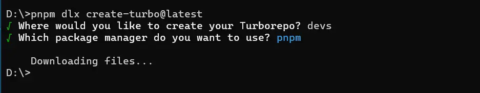 Terminal reproducing silent termination: pnpm dlx create-turbo terminates at D:\ drive root