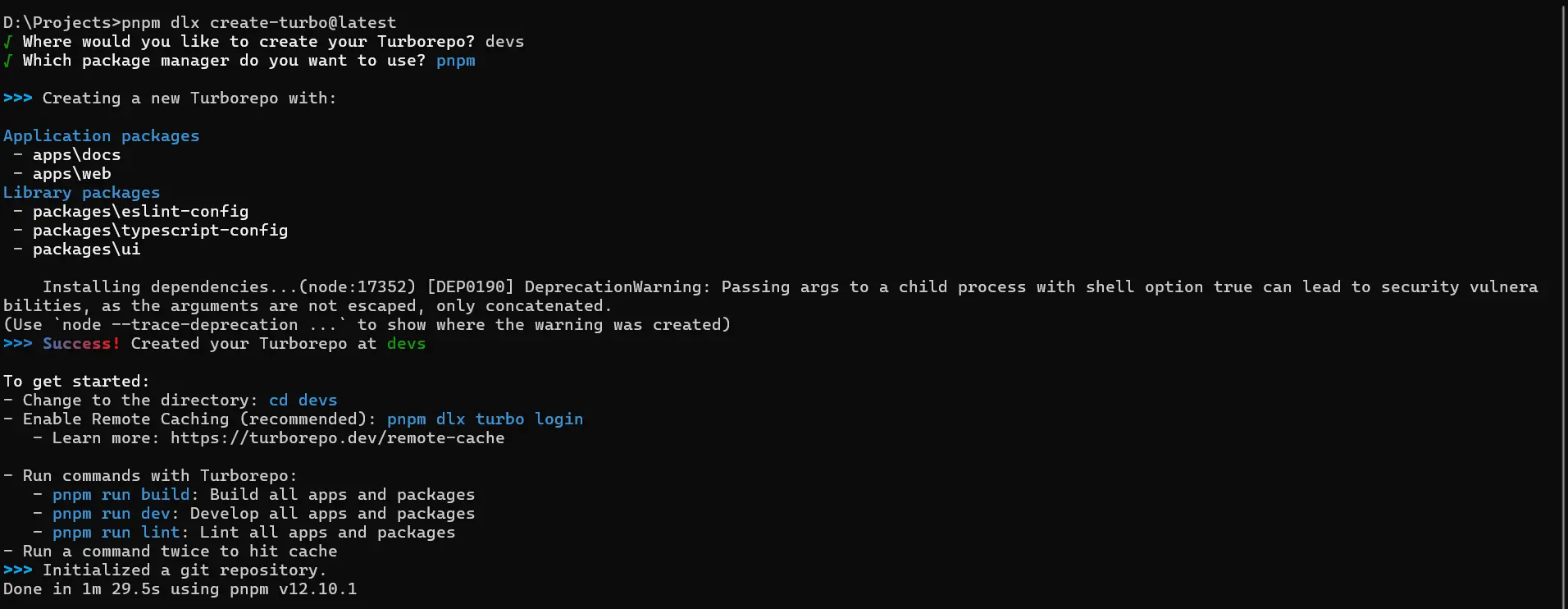Successful Turborepo creation executed from D:\Projects